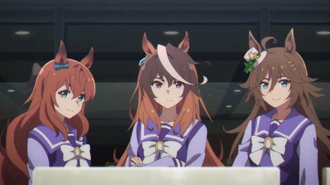 Scene preview from Episode 9 of Uma Musume: Cinderella Gray, showing Oguri Cap and Symboli Rudolf amidst the charged atmosphere of the Japanese Derby. The characters are illustrated with intense expressions and dynamic movement, symbolizing their emotional and competitive stakes